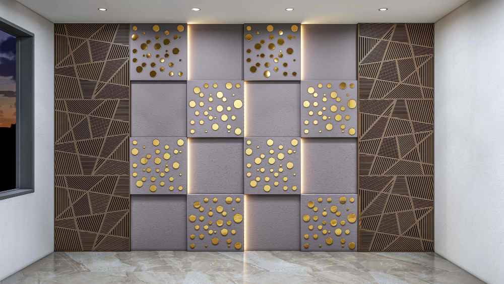 Feature wall with geometric and 3D vitrified tiles by GVT tile manufacturers in India