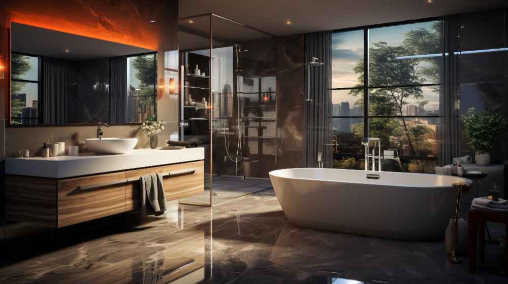 Modern bathroom with slip-resistant vitrified tiles from leading suppliers in India.