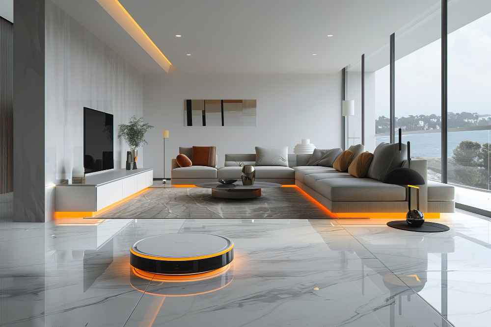 Smart home interior with built-in heating and LED lighting vitrified tiles from GVT tile suppliers in India